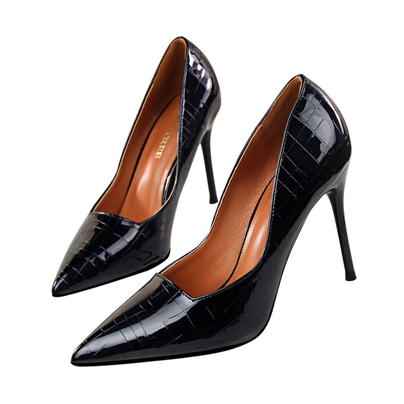 【BestGO】Size 34-43 Patent leather High Heels New Korean Version Shallow Mouth Pointed High HeelsStone Pattern MirrorWomen's Shoes
