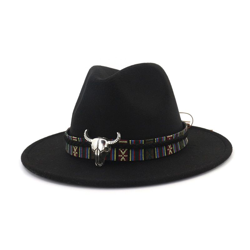 Trend Men Women Wide Brim Faux Wool Felt Wool Fedora Hats with Bull Head Band Cowboy Trilby Cap Uni Carnival Panama Jazz Cap