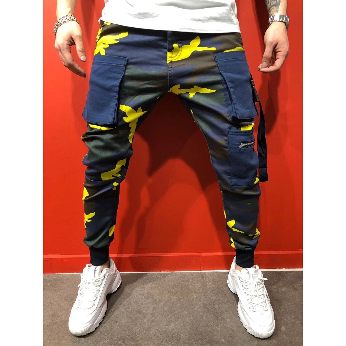 Men Cargo Pants Black Ribbons Block Multi-Pocket Harem Joggers Harajuku Sweatpant Hip Hop Casual Male Trousers