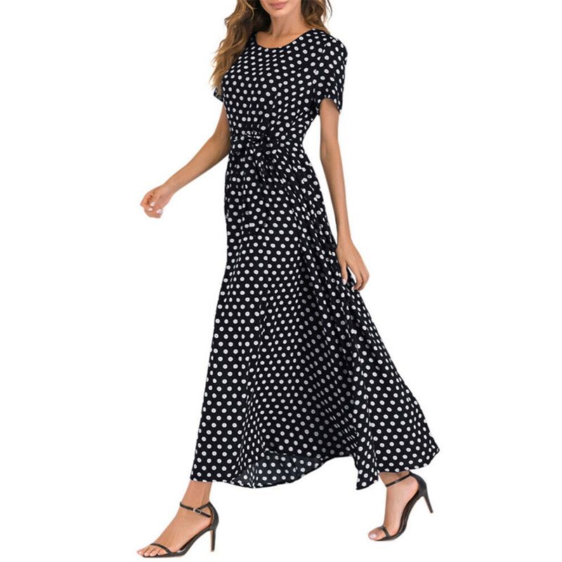 Dress Women Summer Short Sleeve Polka Dot Print Boho Beach Dresses Belted Ladies Tunic Loose Oversized Maxi Long Dress