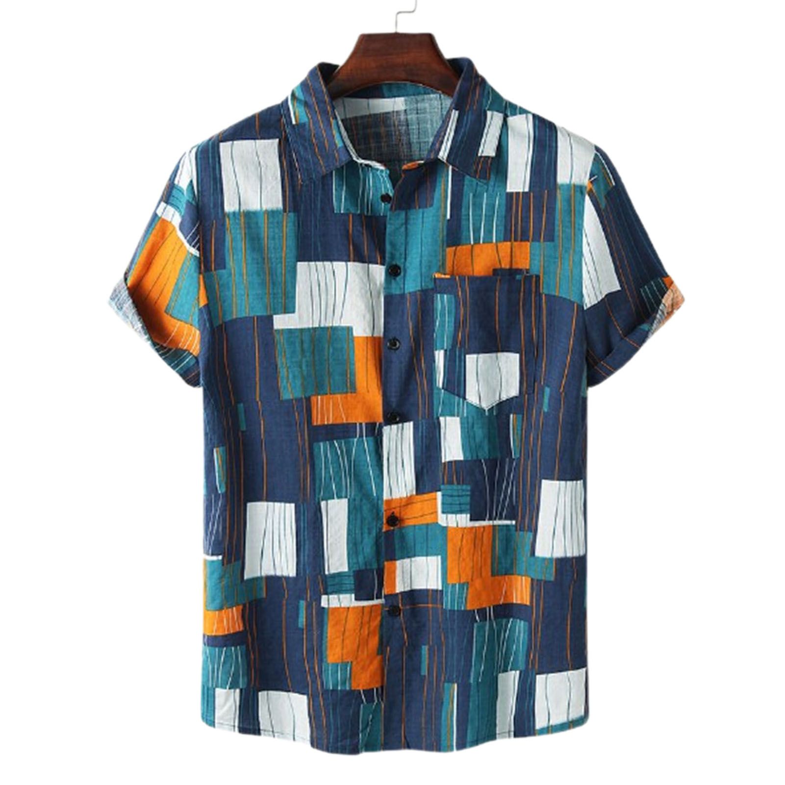 Men Shirt Plaid Print Short Sleeve Summer Lapel Short Sleeve Top for Vacation