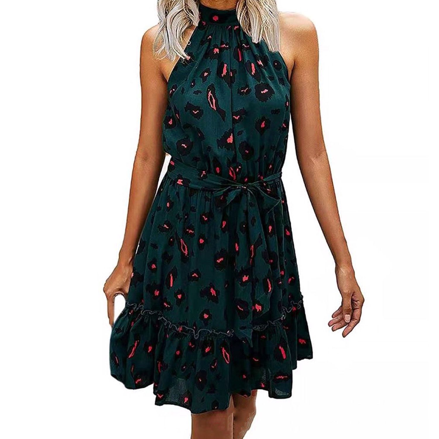 ni Dress High Cut Floral Print Sleeveless Halter Casual Dress