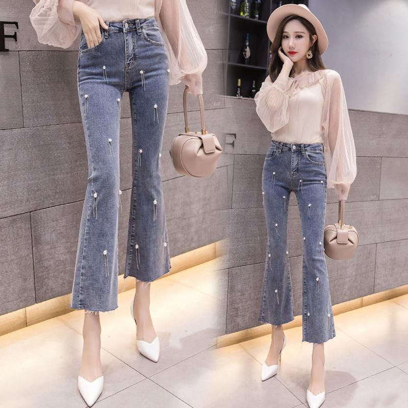 Vintage Bell-bottom Beading Cropped Jeans Korean Style High-waisted Slim Fittng Bootcut Denim Pants