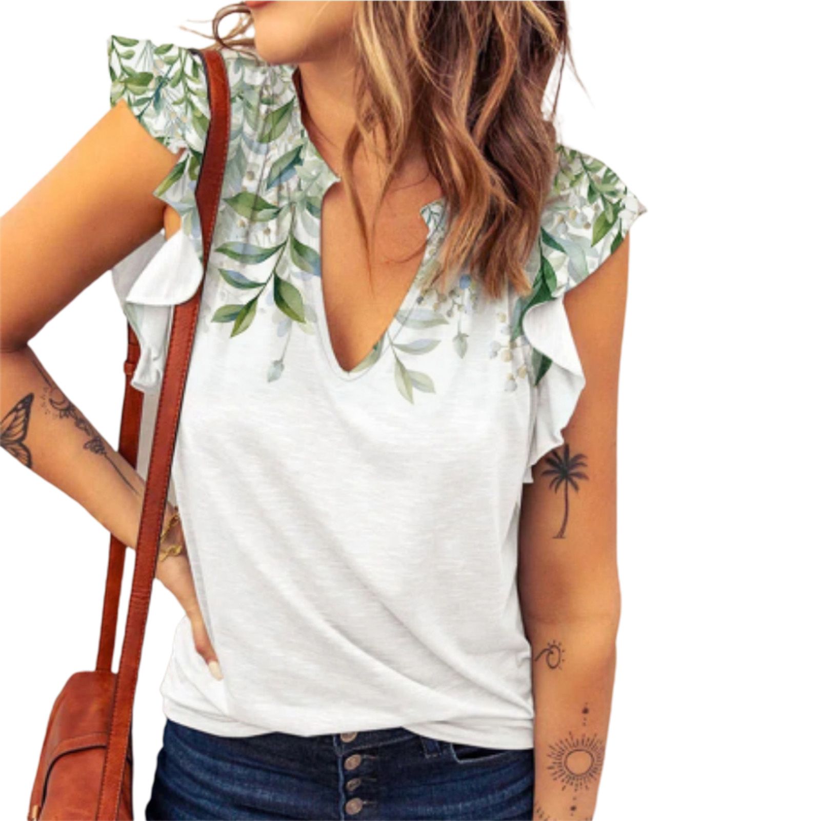 Casual Top V Neck Leaves Print Lady T-shirts