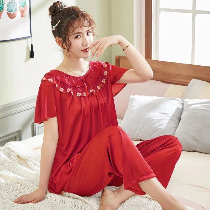 Plus Size 5XL Satin Pajamas Set Women's Pajamas with Shorts Homewear for Middle Age Women Cheap Nightwear Nighty for Ladies