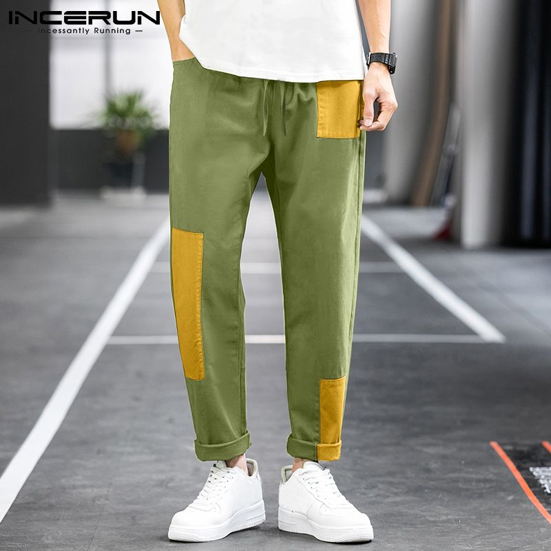 (Korea Style) INCERUN Men's Causal Trousers Drawstring Wide Leg Pants Jogger Patchwork Bottoms