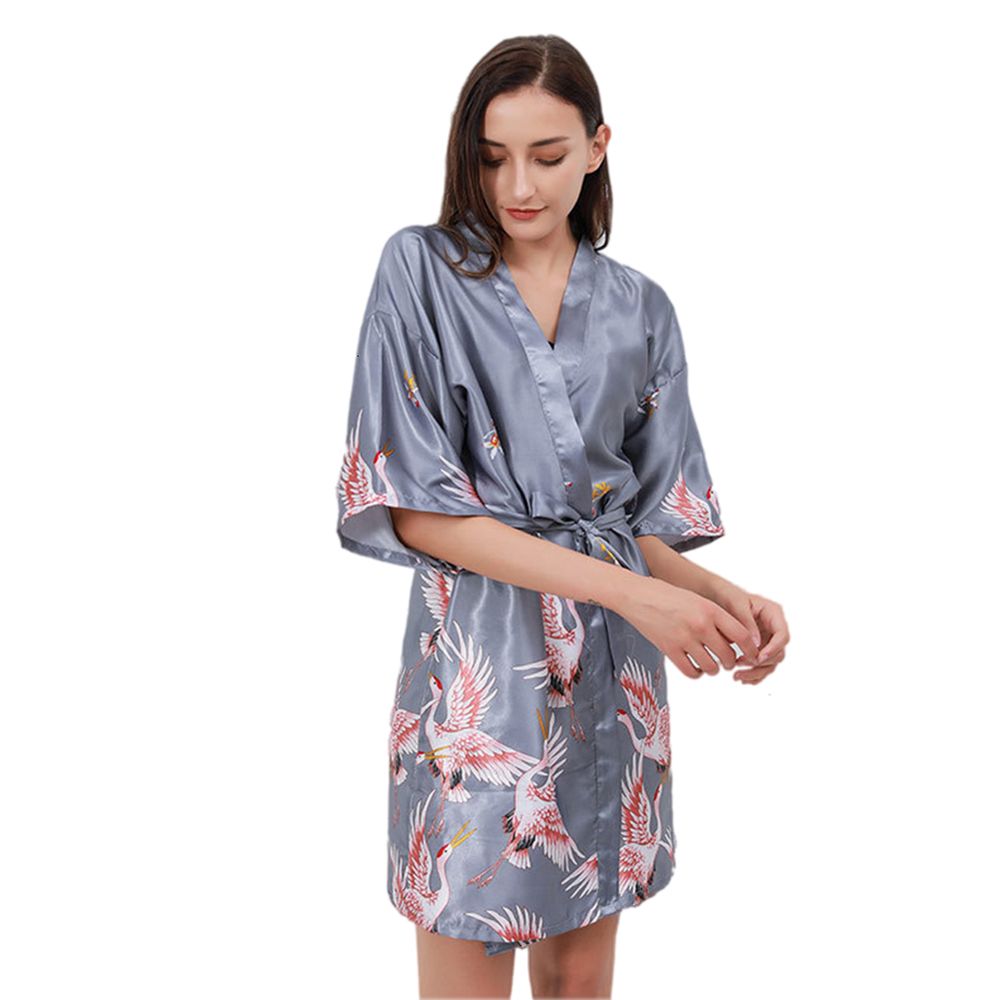 Summer Women Ice Silk Fabric Lady Nightgown Crane Flower Print Short Bathrobe