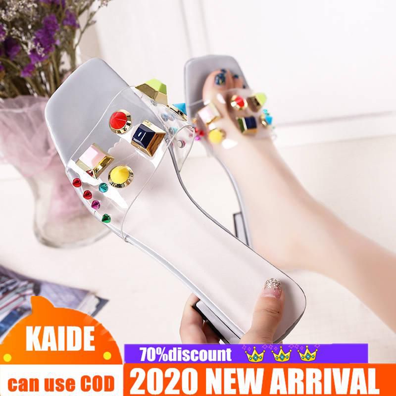 New Transparent Rivet Slippers High Heel Slippers for Women