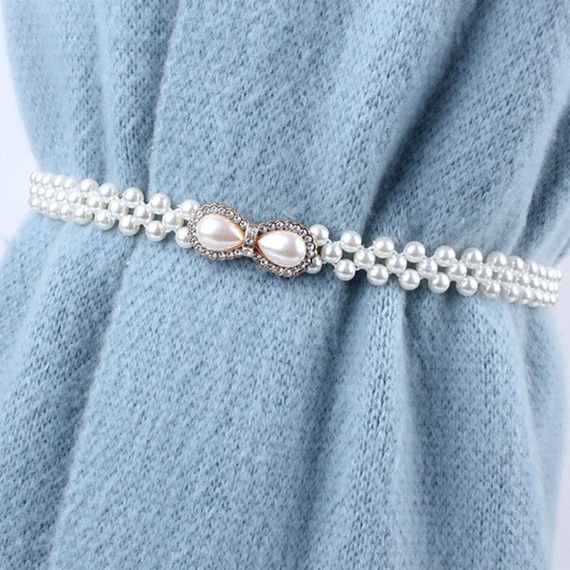 ladies women white stretch elastic waist seal thin chain belt pearl rhinstone for dresses skirt decoration fashion girdles gifts