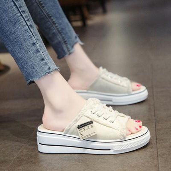 Slipper women Outer Wear  Summer New Style Korean Style Extra High Versitile Fashion Lazy Muffin Slanted Heel Thick Bottomed Sandals