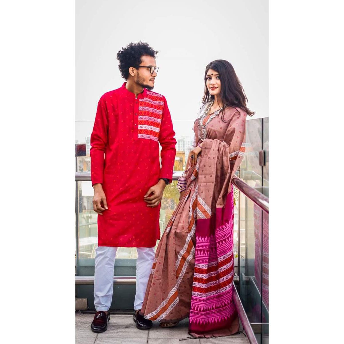 Block Print Dhupian Moslin half silk sharee and panjabi couple set