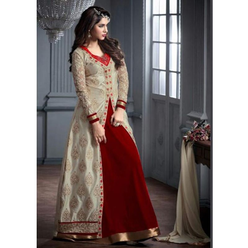 Cream and Red Georgette Semi Stitched Long Dress for Women