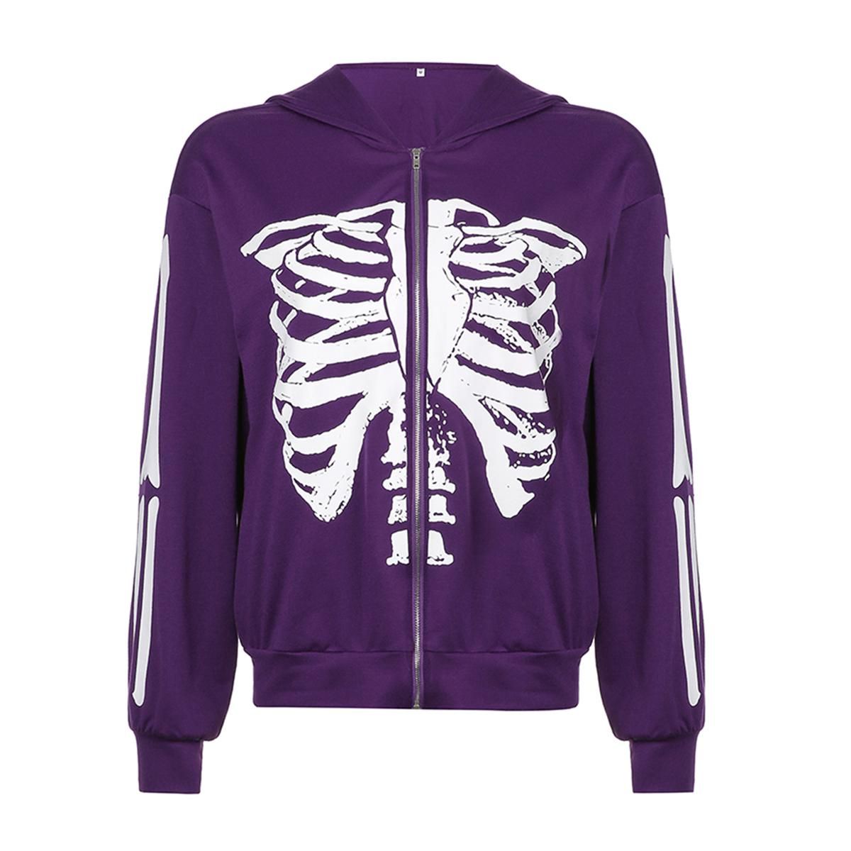 Women’s Casual Long-sleeved Cardigan Fashion Skeleton Print Loose Zipper Hooded Sweatshirt