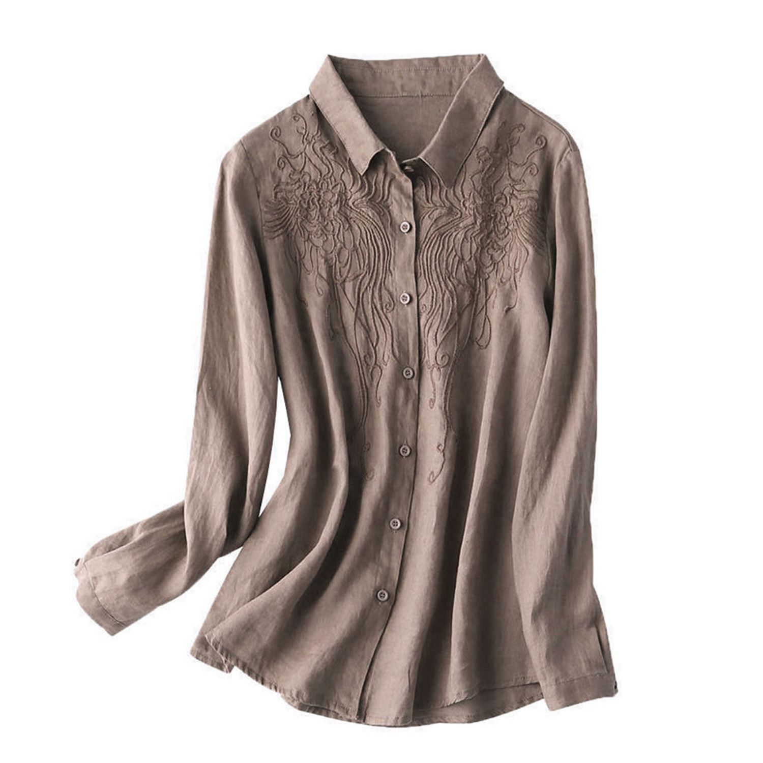 Women Shirt Buttons Closure Embroidered Solid Color Autumn Shirt
