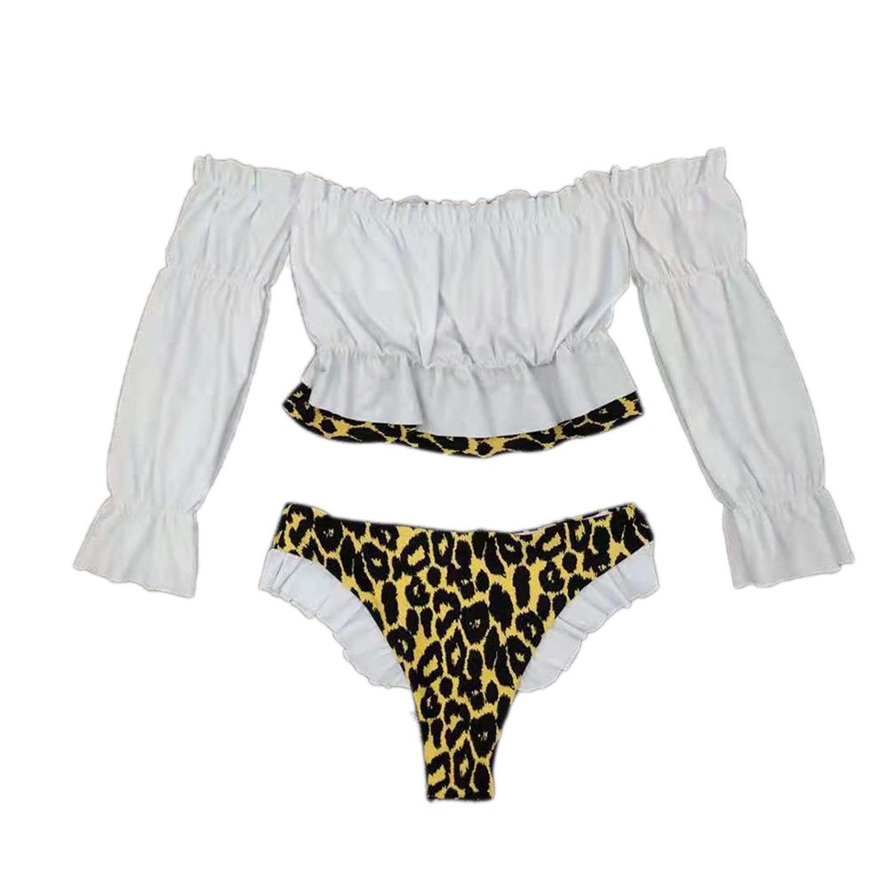 Women Off Shoulder Ruffle Long Sleeve Bandeau + High Cut Leopard Bottom Bikini Swimwear 2 Piece Swimsuit Bathing Suit