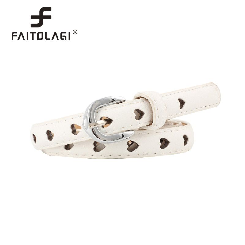 Hollow Heart Thin Leather Belts for Women Black Brown White Female Wild Belts Metal Buckle Girls Jeans Pants Waist Belt