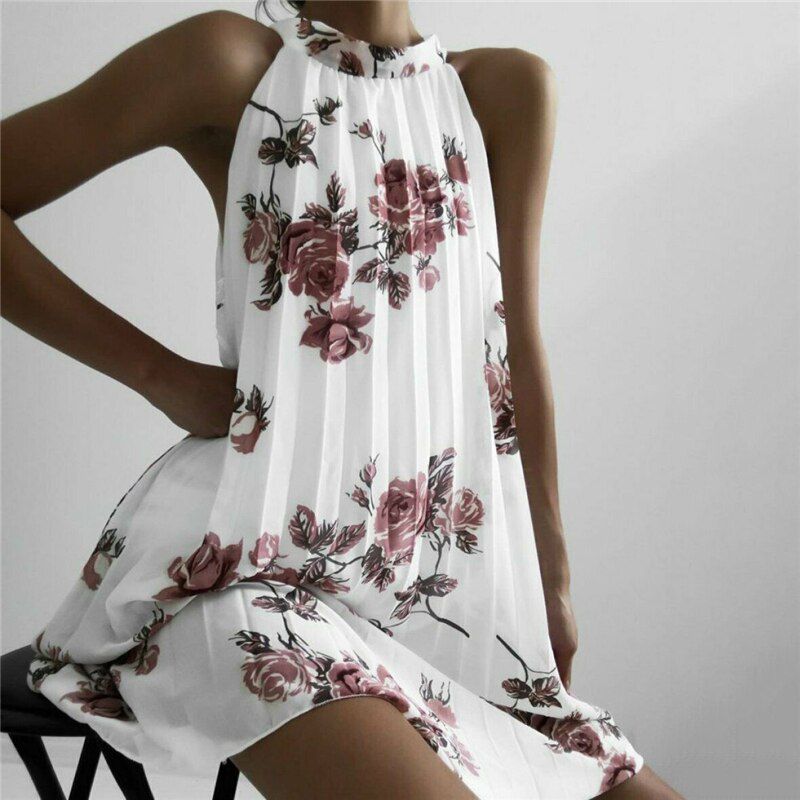Fashion Women Boho Beach Summer Sleeveless Halter Floral Dress Elegant Off Shoulder Loose Sundress Ladies Dames Streetwear