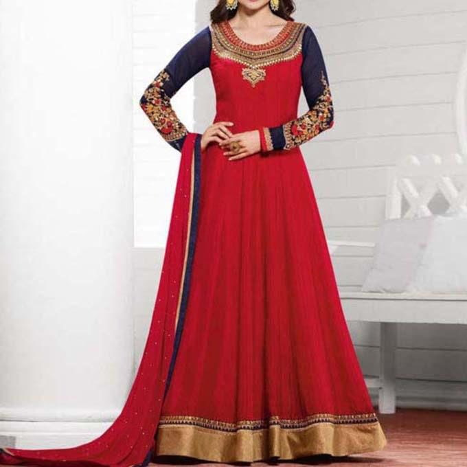 Hot  Pink  and  Blue  Semi-Stitched  Georgette  Gown  For  Women