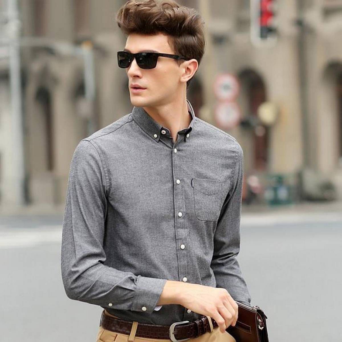 Grey Cotton Long Sleeves Casual Shirt For Men