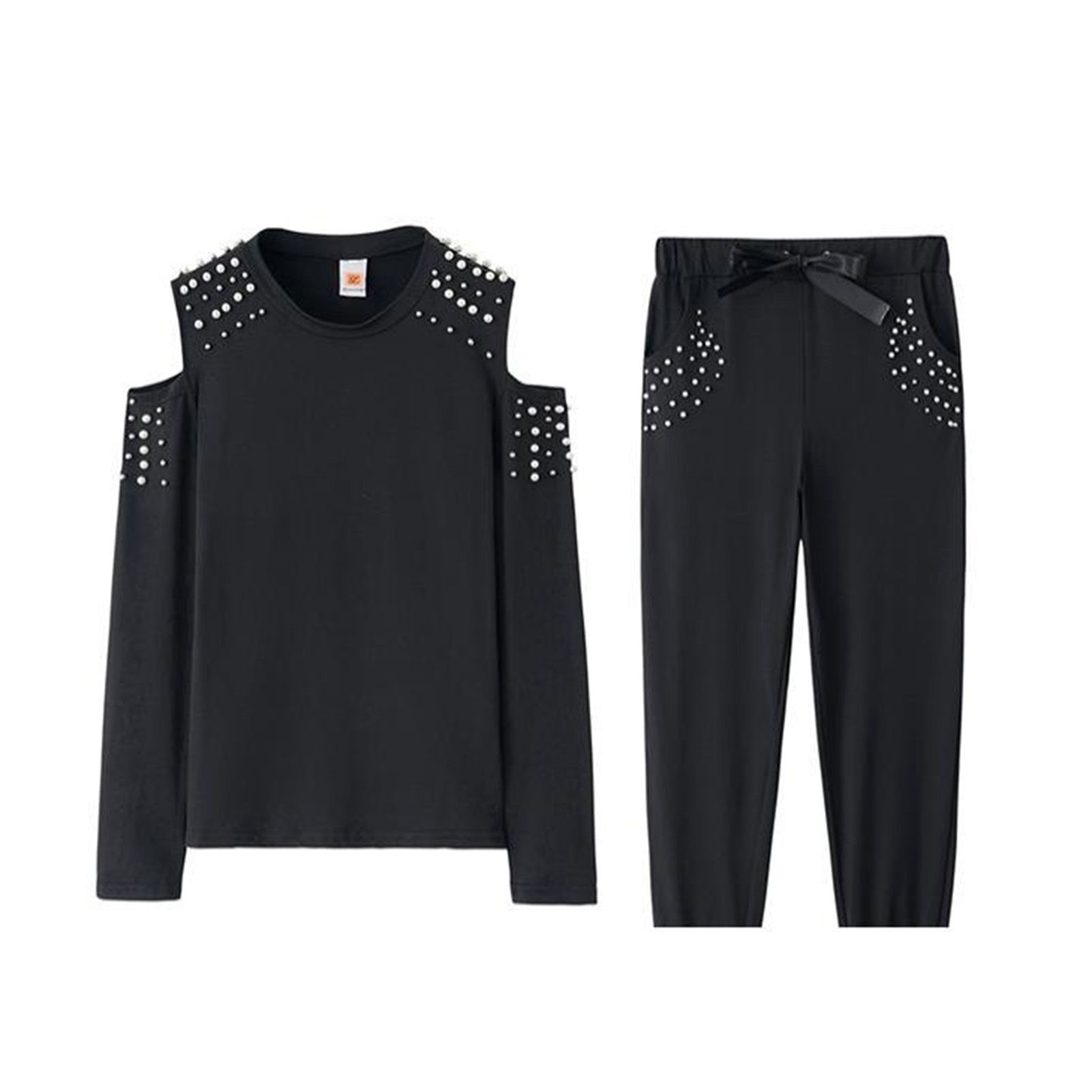 Top Pants Set Elastic Waist Beading Decor Cold Shoulder Top Pants Set