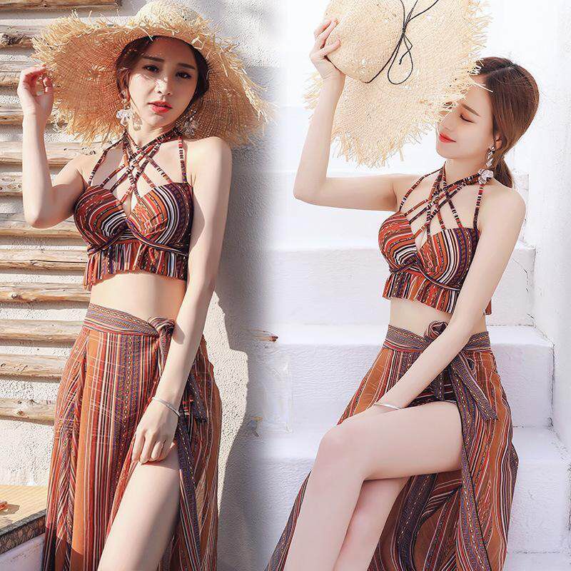 RHS Online 3PCS Set Lady Beach Bathing Suit Bikini Split Type Stripe Swimwear Swimsuit