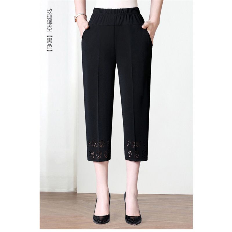 Summer Women Thin Cropped Pants Elastic High Waist Straight Pants Hollow Loose Plus Size Female Casual Pants