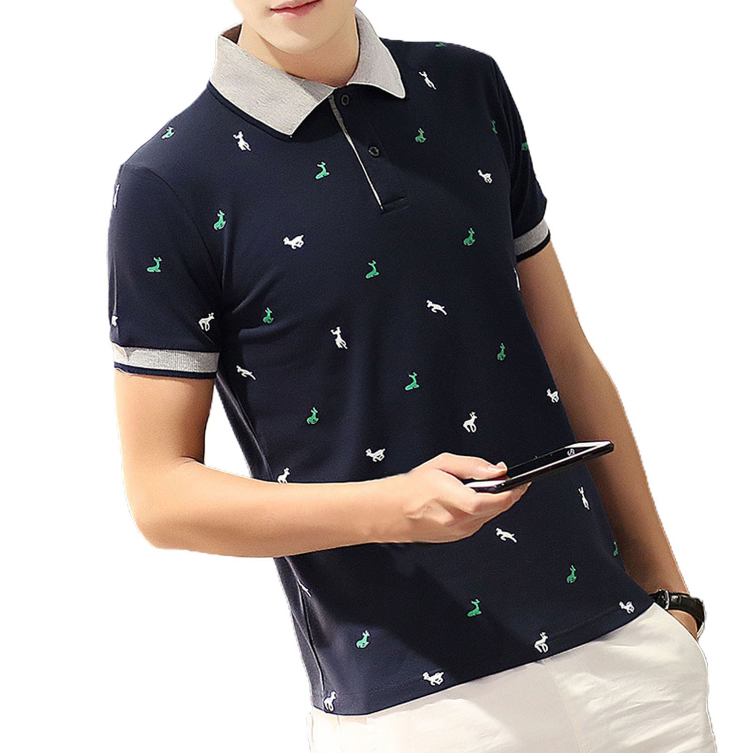 Turn-down Collar Men T-shirt Deer Print Thin Buttons Short Sleeve Summer Shirt Streetwear