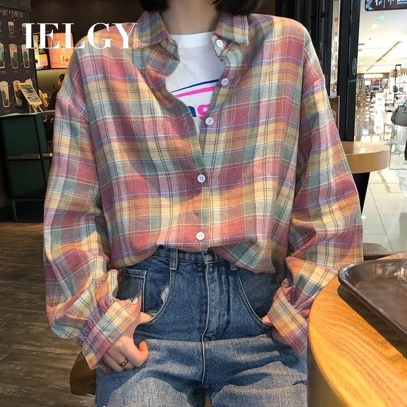 IELGY Colorful Plaid Long Sleeve Shirt Top Korean New Style