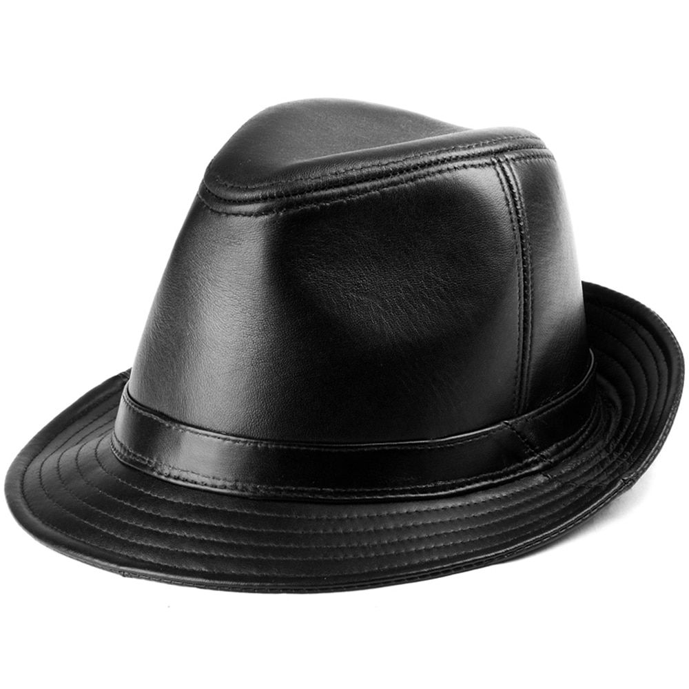 LA SPEZIA Black Fedora Hat Men  Leather Sheepskin Jazz Cap Autumn Winter British Casual High Quality Wide Brim Hat
