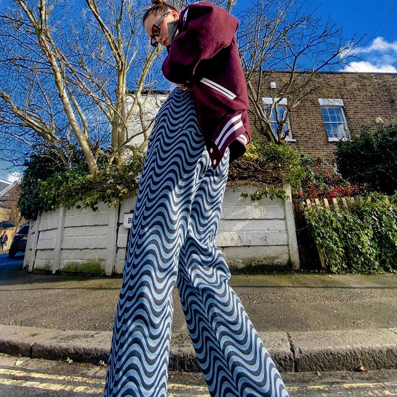 Ripple Print Women High Waist Wide Leg Pants Jeans Loose Streetwear Casual Fashion Summer Clothes Bottoms Trousers