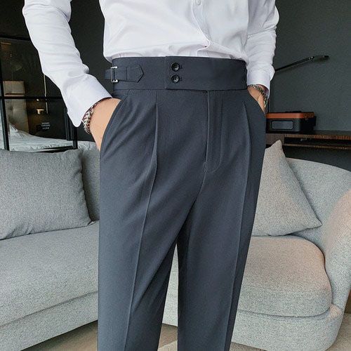 2021 New Design Men High Waist Trousers Solid England Business Casual Suit Pants Straight Slim Fit Bottoms White Clothing 29-36