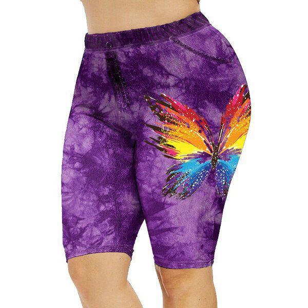 Yoga Shorts Women High Waist Plus Size Shorts Faux Denim 3D Butterfly Print Shorts Jeggings Workout Sports Gym Casual Short