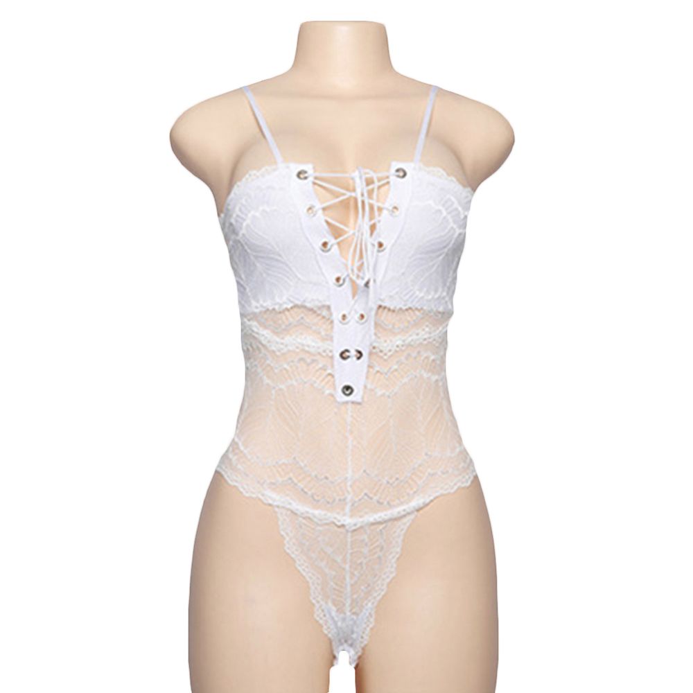 Women See-through Lace Bandage Sleeveless Strappy Bodysuit Erotic Underwear