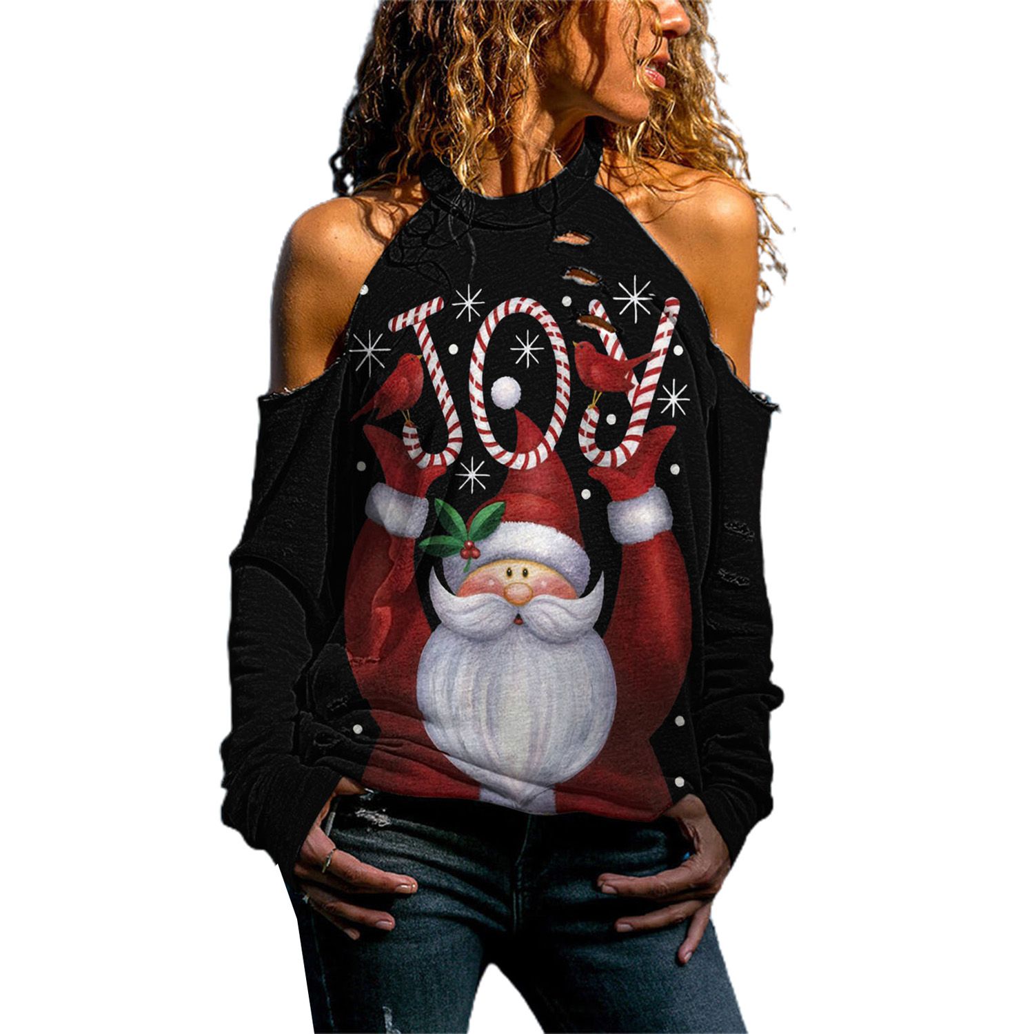 Pullover Blouse Hollow Out Santa Claus Print Christmas Blouse