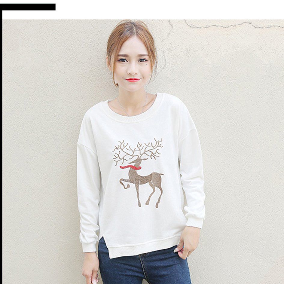Cartoon Wapiti Pattern Sweatshirt Round Collar  Drop Back Hem