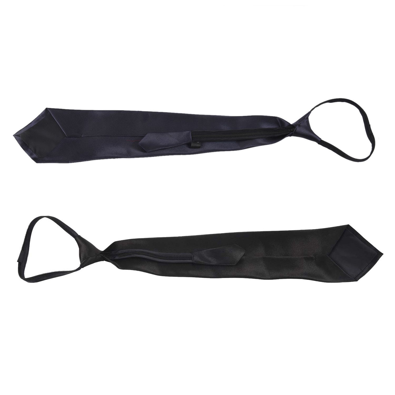 2x Men Solid Black Polyester Zip Up Necktie Smooth Zipper Tie & Dark Blue