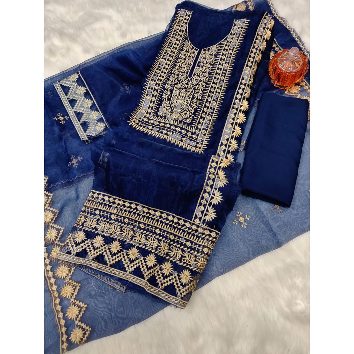 SSS Eid Collection 2022 Unstitched Organza Georgette/Jorjet Tissu Shalwar Kamiz Four Piece Party Dress For Women (4 Piece)