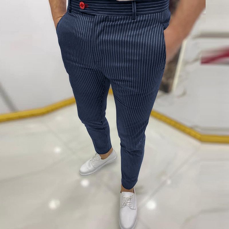 Spring Autumn Mid Waist Skinny Long Pants Business Casual Men's Slim Trousers Fashion Striped Printing Pencil Pants For Men