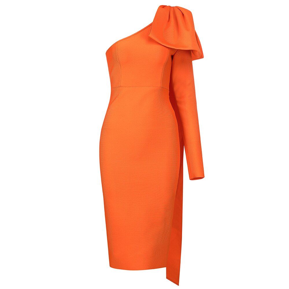Blue Orange Runway Bownot One Shoulder Long Sleeve Rayon Bandage Dress Cocktail Party Bodycon Dress Vestidos