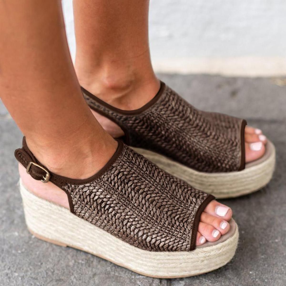 【ALLGOOD】Women Summer Fashion Sandals Beach Shoes Comfortable Platform Shoes Heel Sandals Vintage Peep Toe Weaving Shoes