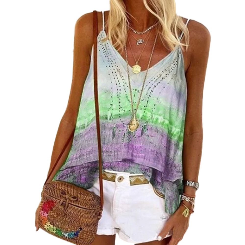 Women Sleeveless V Neck Stitched Hem Gradient Color Blouse Top Camisole