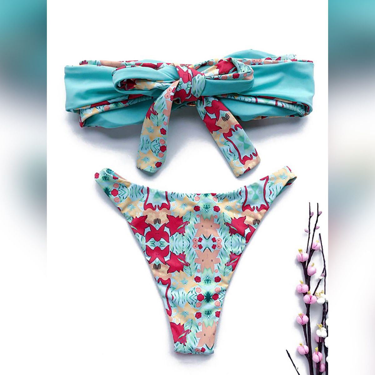 Women Print Two-piece Bathing Suit Sexy Cross-strap Tube Top with Chest Pad Slim Tong Set