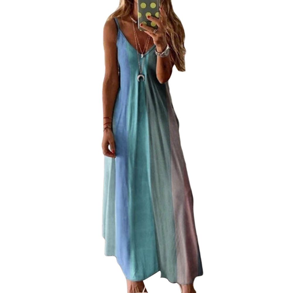 Woman Rainbow Print Dress, Sexy High Waist Spaghetti Strap V-neck Dress Summer Loose Clothes