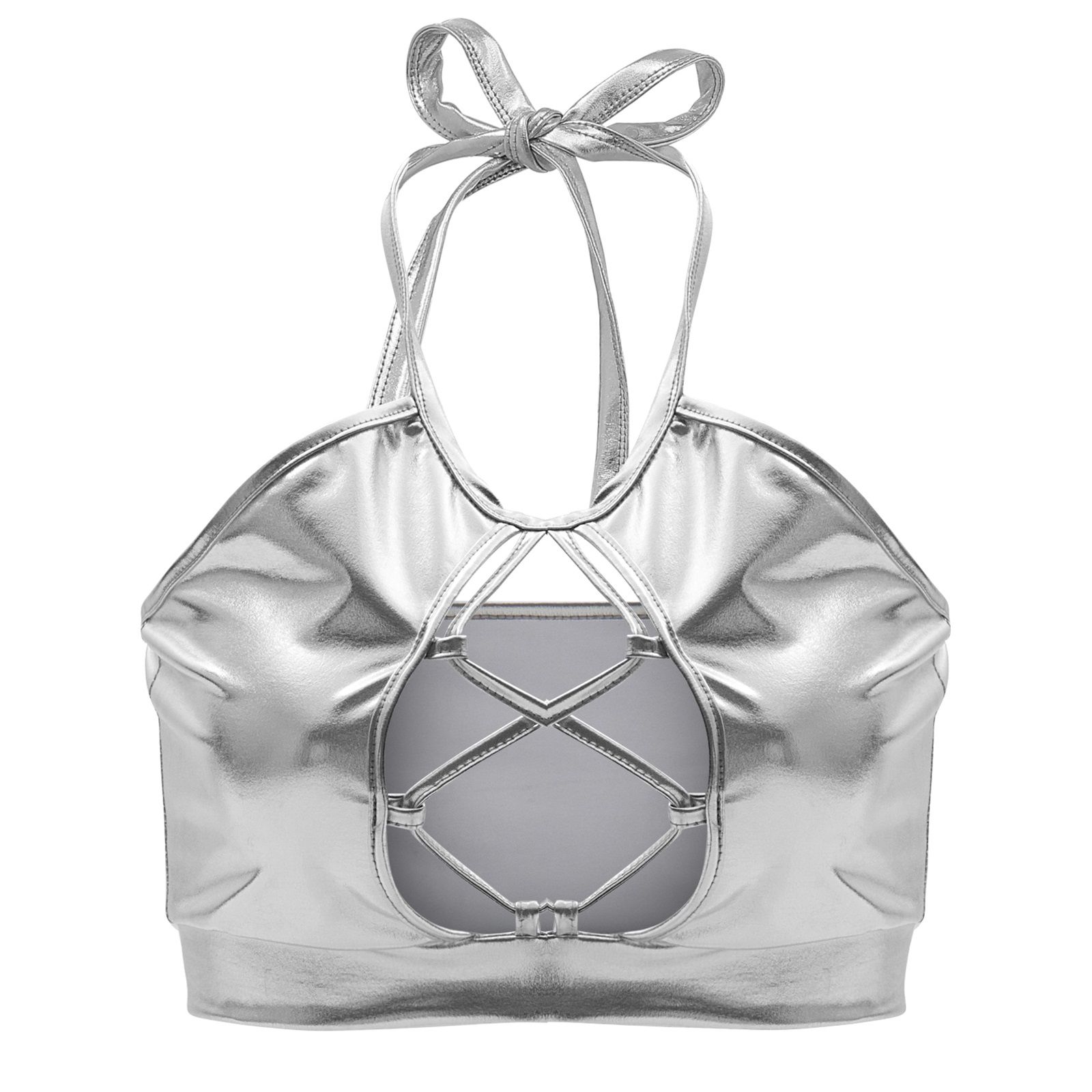 Women’s  Tie-up Halter Vest Fashion Solid Color Bright Leather Hollow Exposed Navel Camisole