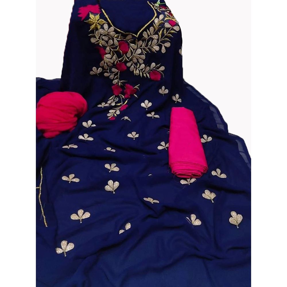 Navy Blue Color Indian Unstitched  Georgette Glass Work Salwar Kameez For Women {3 Piece}