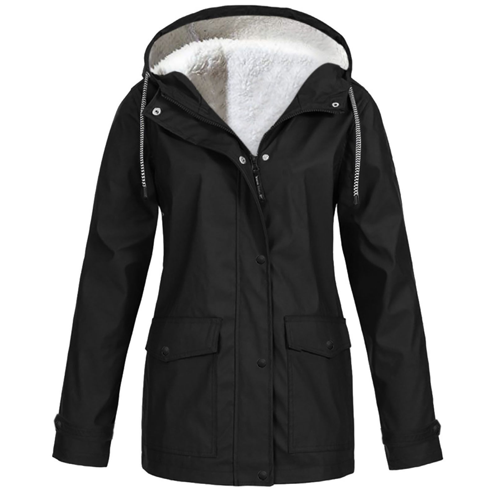 Lightweight Raincoat Drawstring Plush Lining Drawstring Pockets Jacket Coat