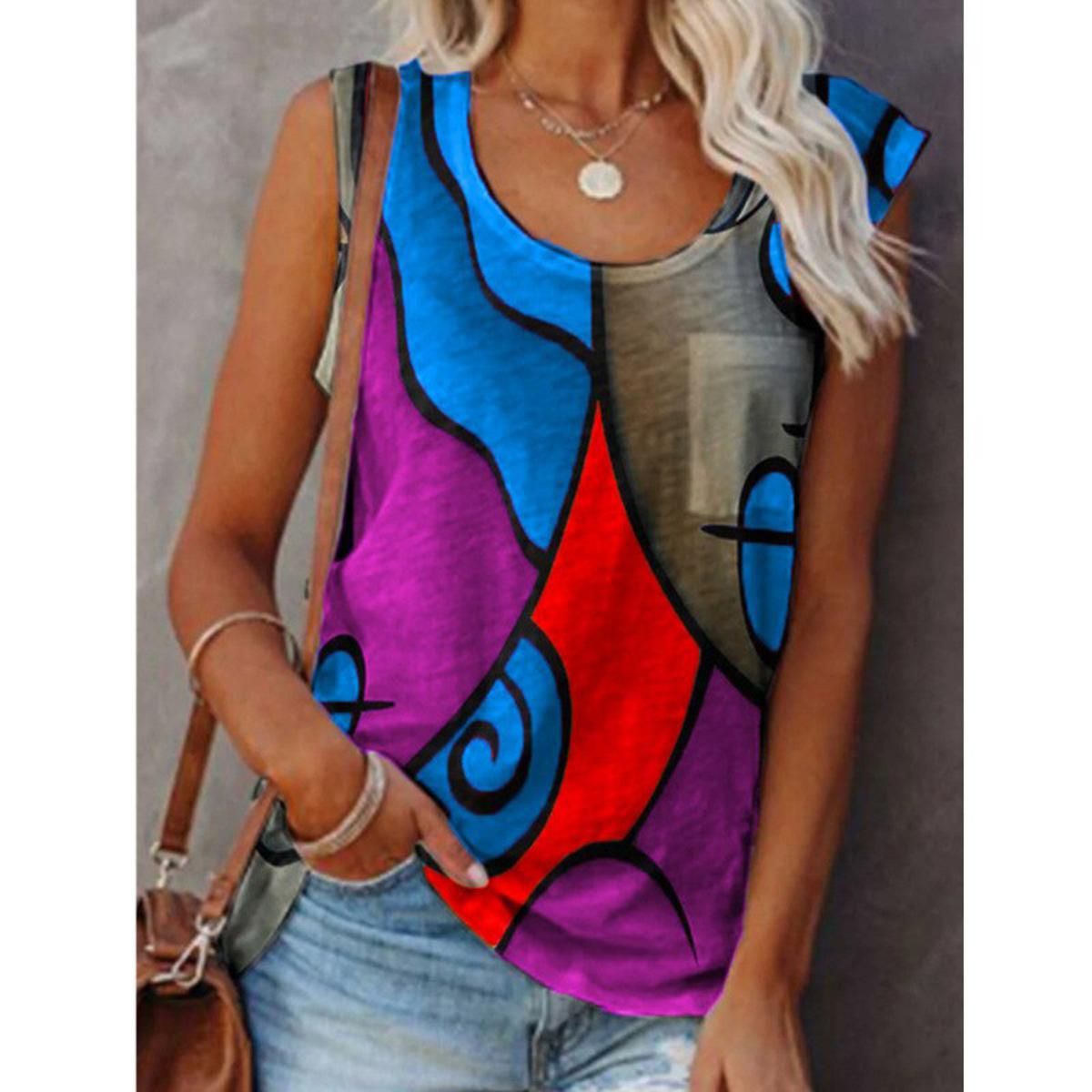 Pullover T Shirts Casual Women's Tank Tops Sleeveless Color Matching Vest Women Summer Shirt Clothing