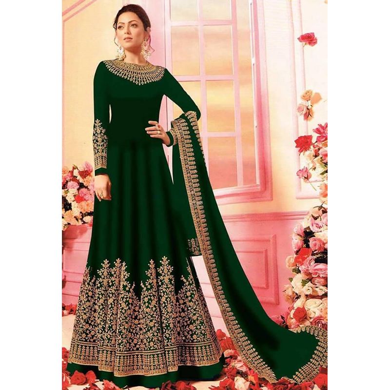 Unstitched Dark Green Georgette Gown for Women
