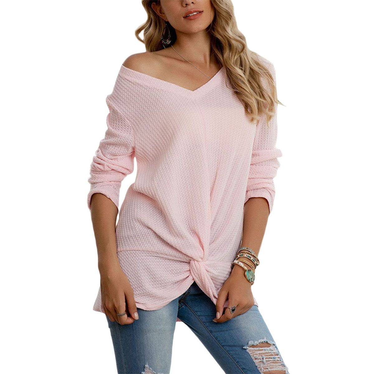 Women's Twist Knot Tops, Casual Long Sleeve V Neck Solid Color Waffle Knit T-Shirts