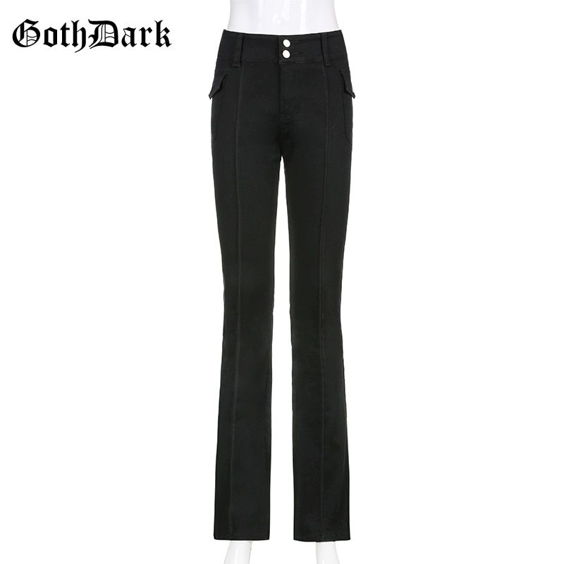 Goth Dark E-girl Low Waist Flare Trousers Gothic Vintage Skinny Button Front Patchwork Pockets Pants Women 90s Streetwear